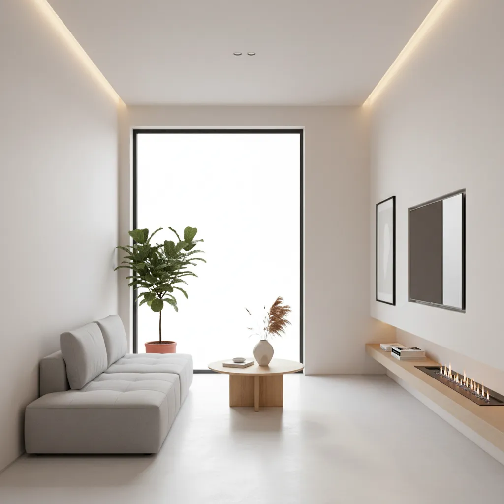 Modern living room with grey sofa wooden coffee table white walls and large bright window