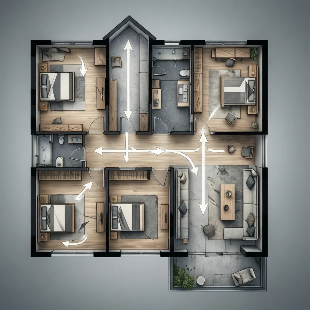 3D floor plan showing four bedrooms and living room with white arrows indicating room circulation