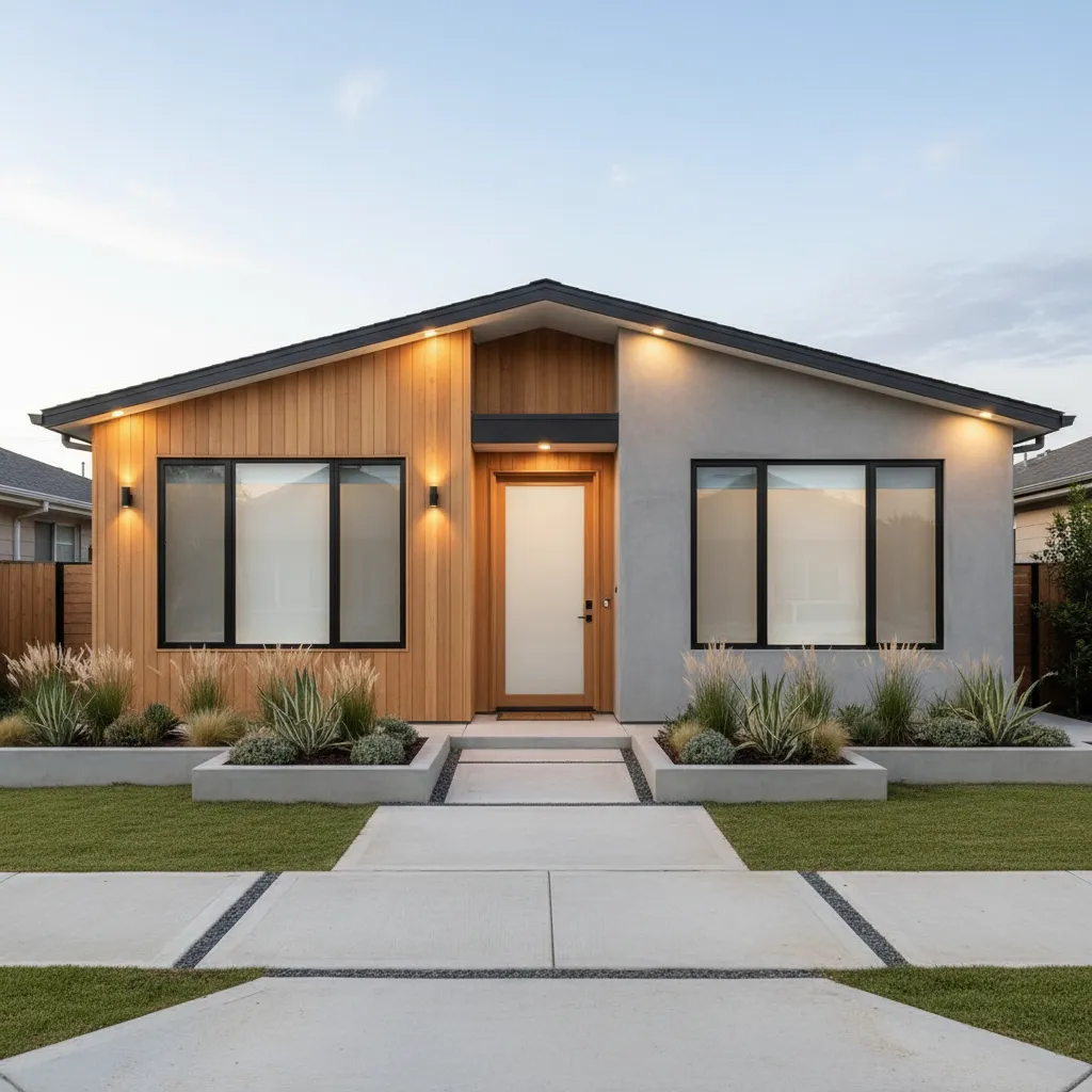 Rumah kecil dengan tampak depan menarik dan taman kecil