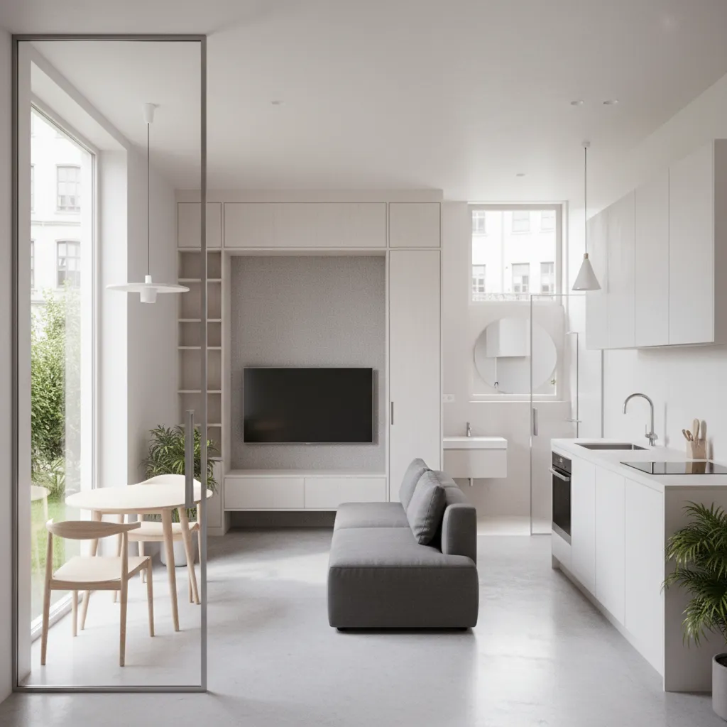 Modern minimalist studio apartment with grey sofa, white kitchen cabinets, wooden dining table, and television