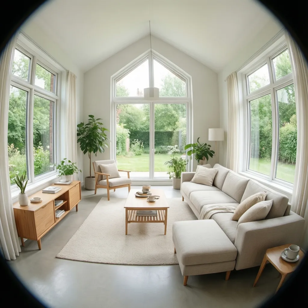 Interior rumah kecil dengan jendela besar dan warna terang