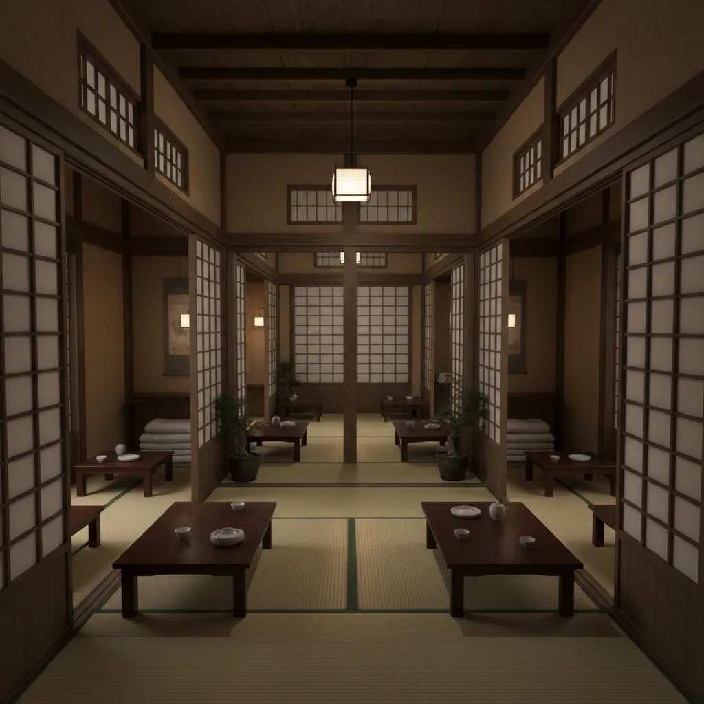 Traditional Japanese room with low wooden tables paper sliding doors and warm soft ceiling light
