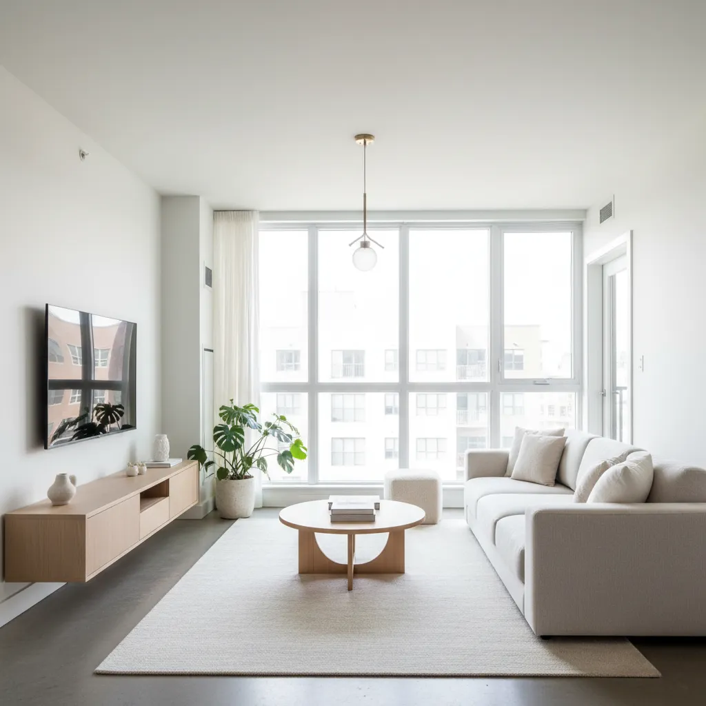 Bright modern living room with white sofa wooden coffee table television large window and plant