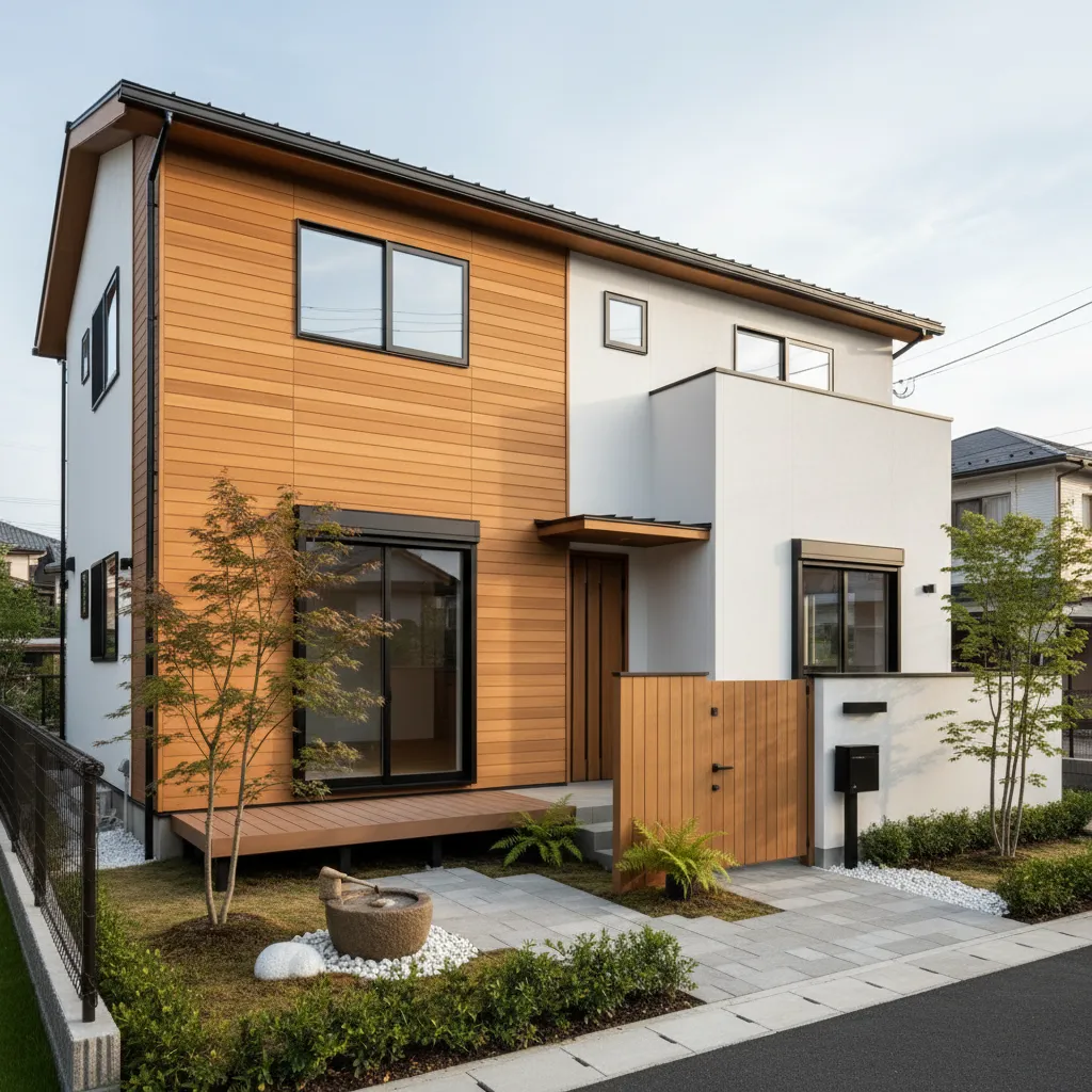 Rumah keluarga Jepang dua lantai dengan taman kecil