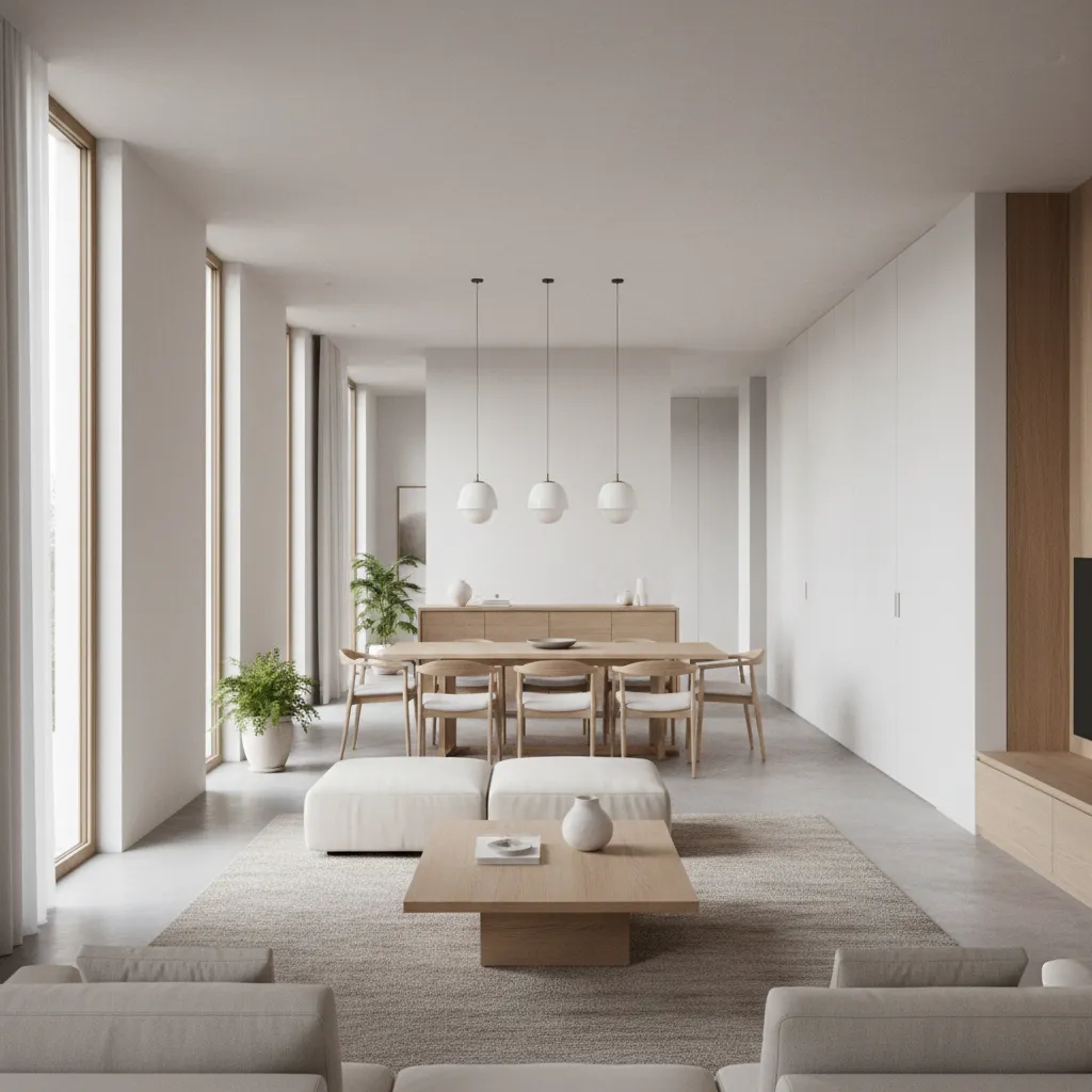 Interior rumah lahan memanjang dengan ruang terbuka