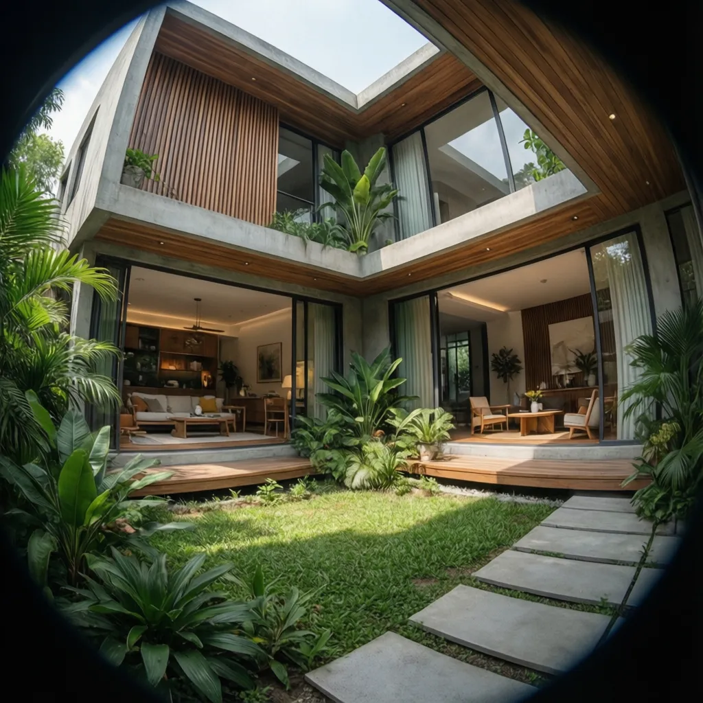 Rumah minimalis bentuk L dengan taman tengah