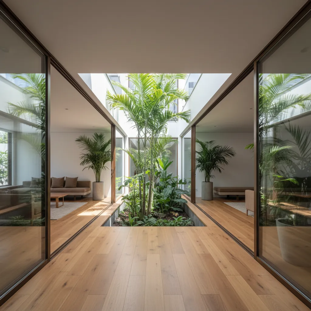 Modern wood hallway leading to an indoor garden with green plants and glass sliding doors