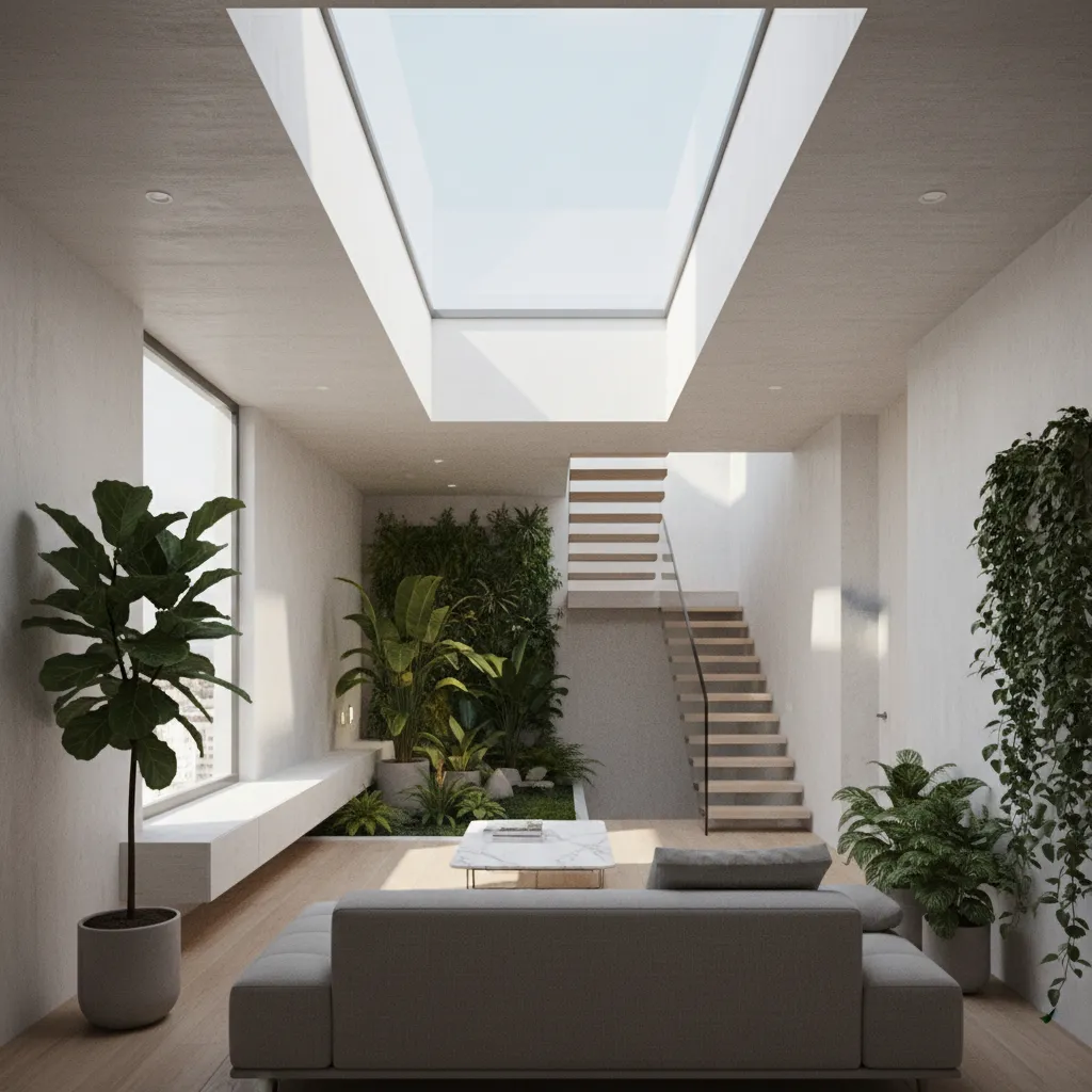Interior rumah memanjang dengan taman kecil di tengah untuk pencahayaan