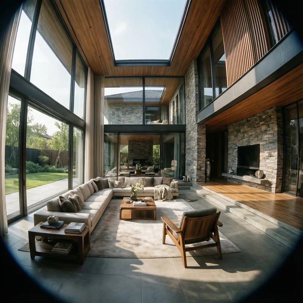 Modern living room with grey sofa, stone wall, wooden ceiling, large windows, and natural sunlight