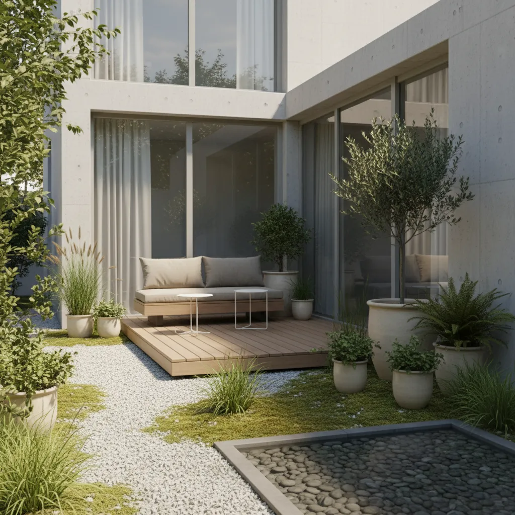 Modern outdoor patio featuring wooden deck sofa small tables potted plants and stone garden pool