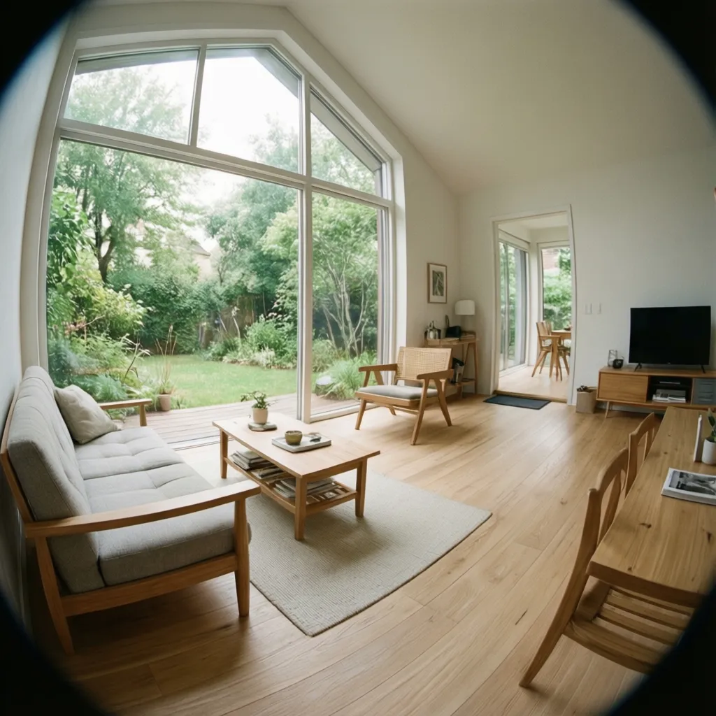 Modern living room with wood floor, grey sofa, wooden furniture, large windows and garden view
