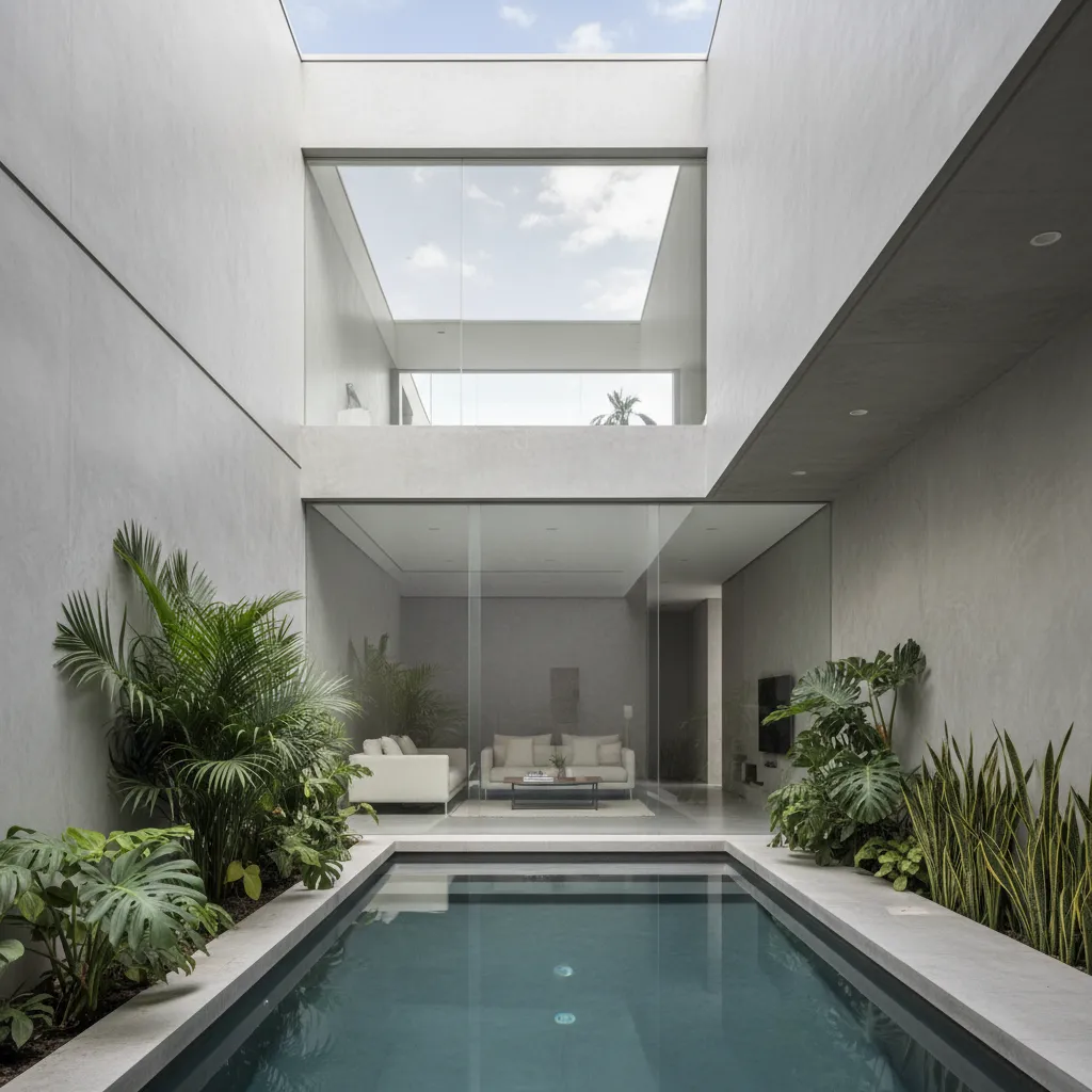 Minimalist living room with white sofas looking onto an indoor swimming pool under the sky