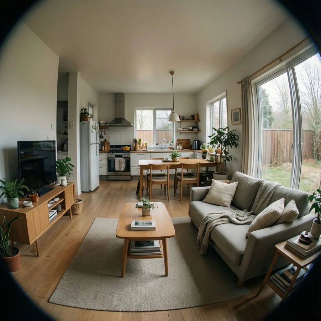 Modern open plan living room with grey sofa wooden furniture dining table and bright windows