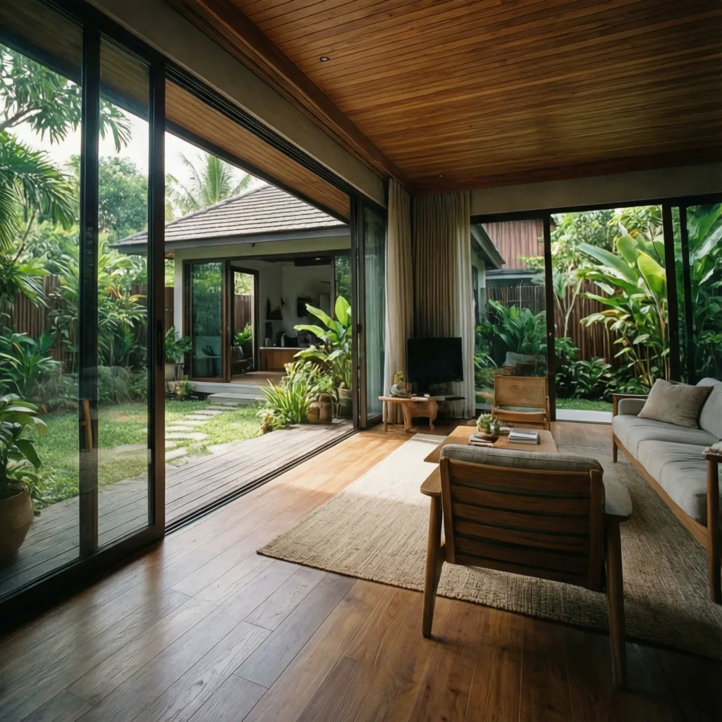 Modern living room with wooden ceiling and glass doors opening to a lush green backyard garden