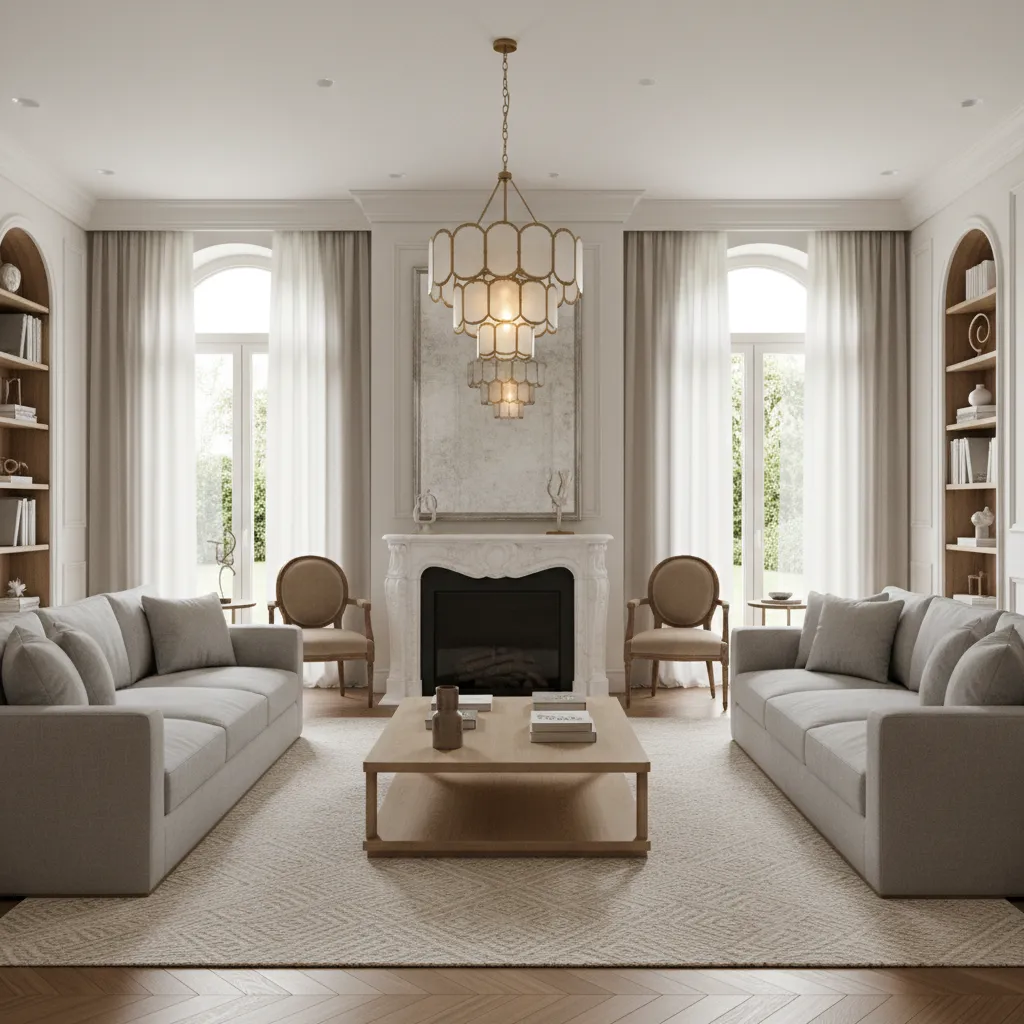 Modern living room featuring grey sofas, wooden coffee table, fireplace, and tiered white ceiling light