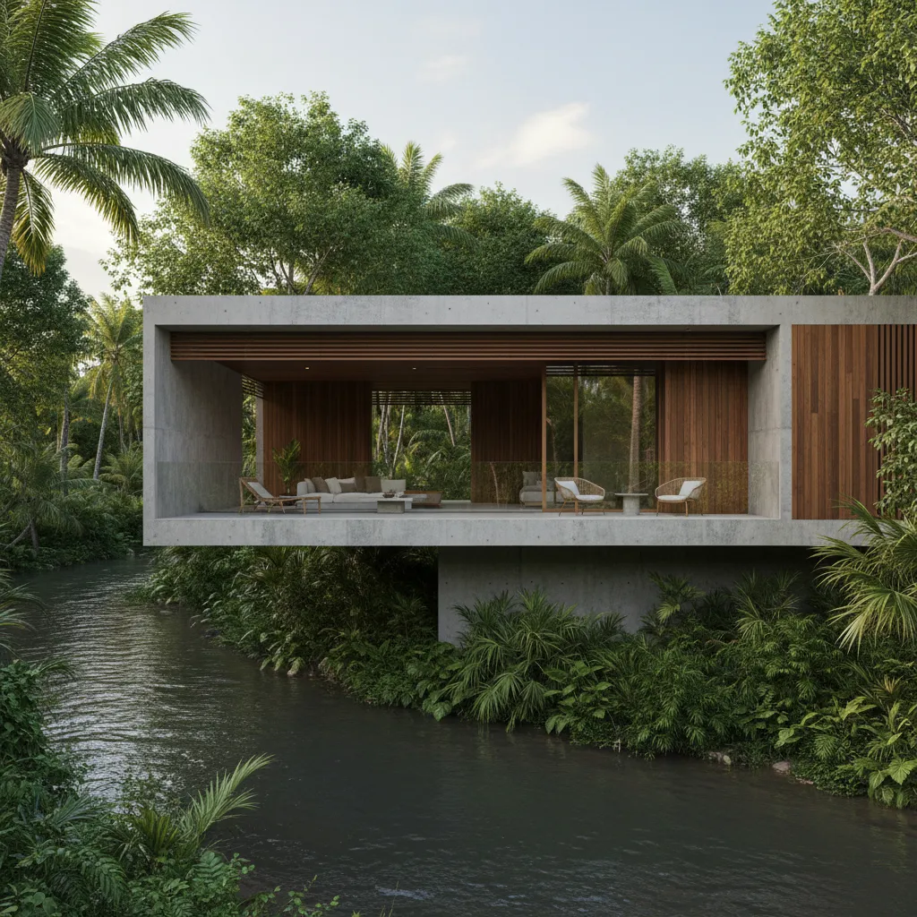 Rumah modern minimalis di tepi sungai dengan balkon terbuka