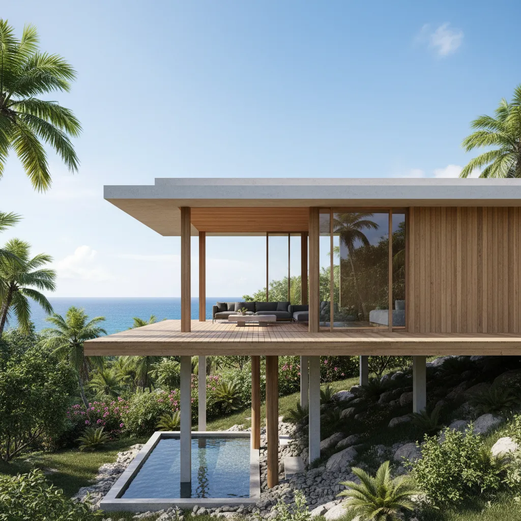 Rumah panggung modern minimalis dengan jendela besar