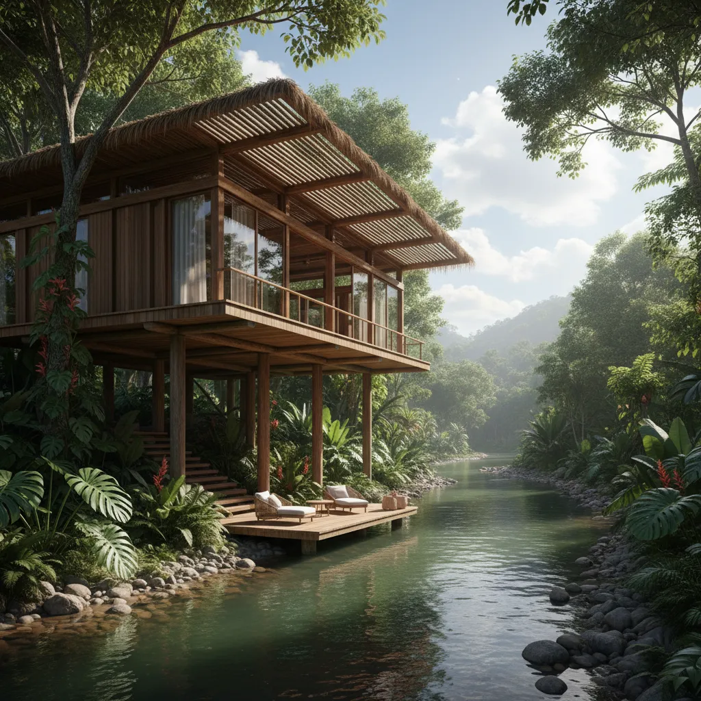Rumah panggung modern di tepi sungai dengan struktur kayu dan beton