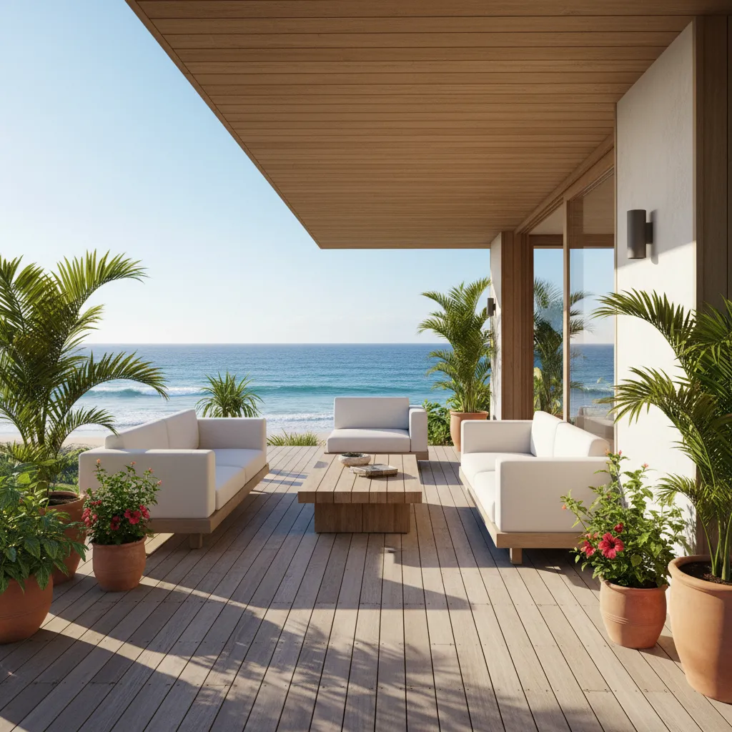 Rumah pantai dengan teras kayu terbuka menghadap laut