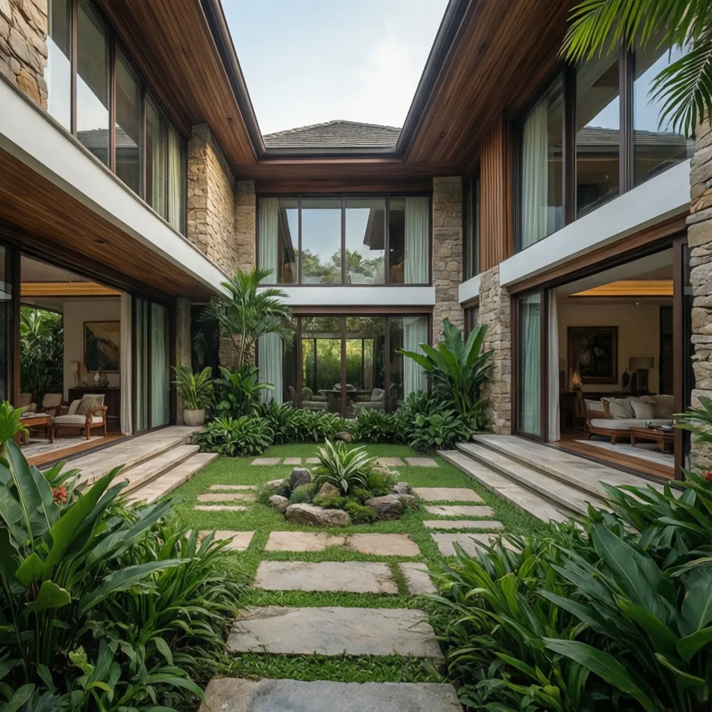 Rumah mewah satu lantai dengan taman tengah