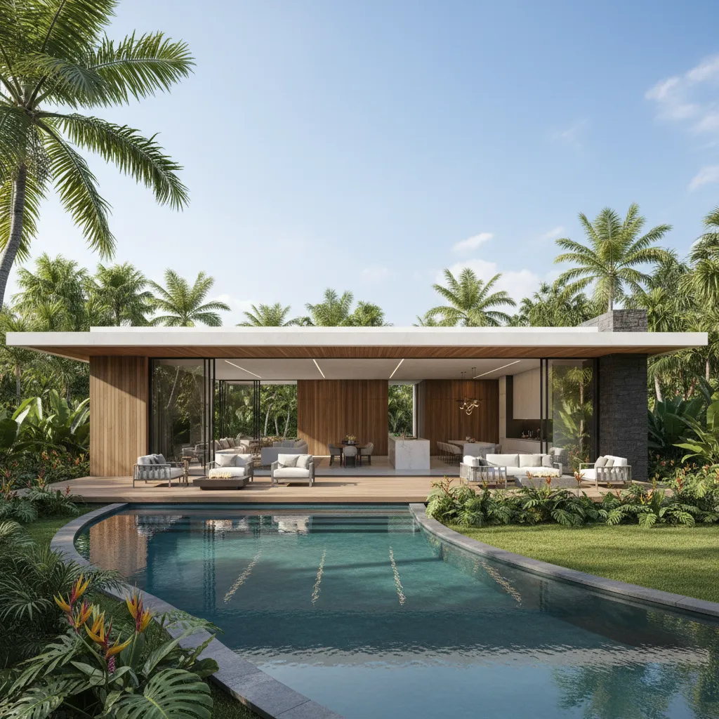 Modern villa with swimming pool tropical garden outdoor seating area open plan living and dining