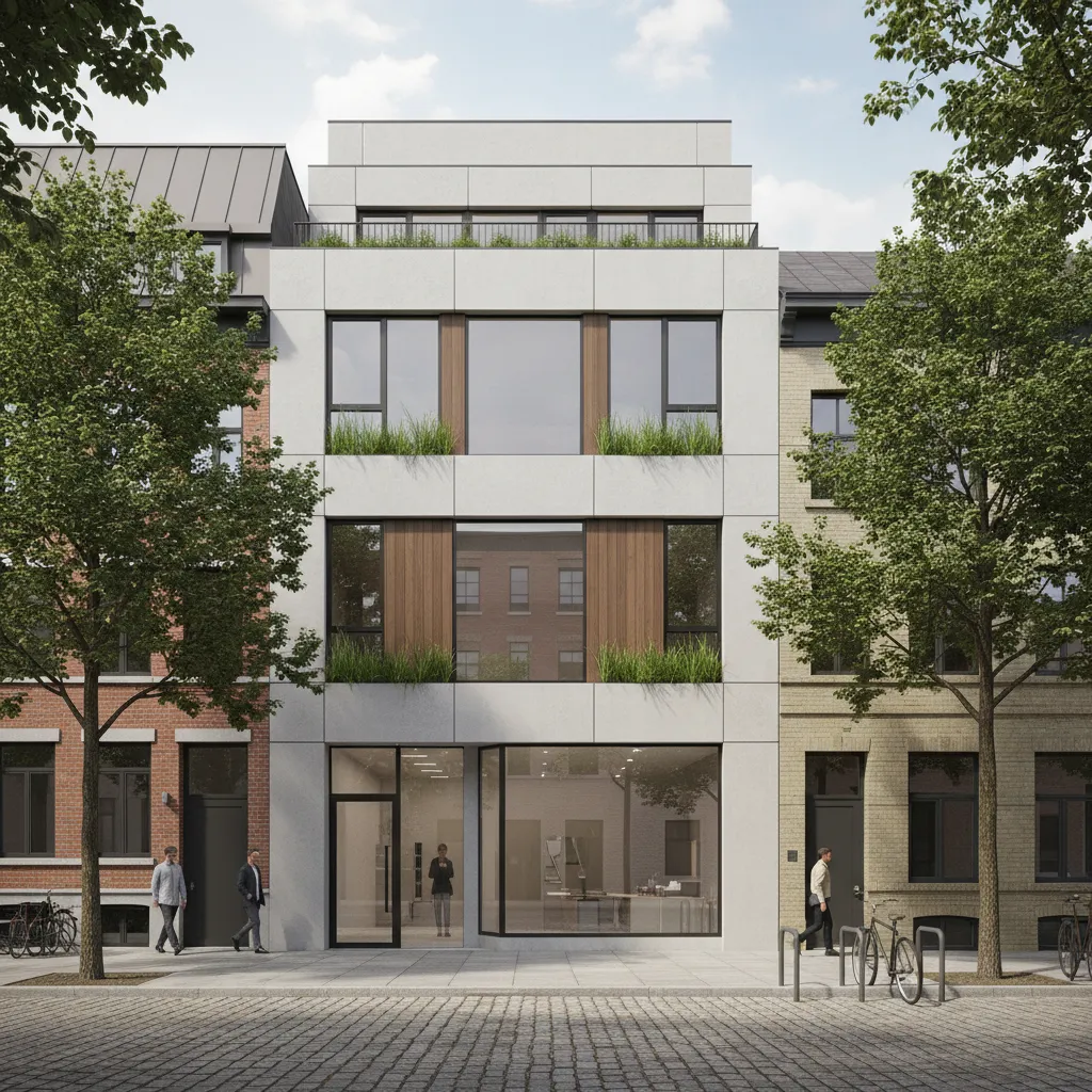 Modern three story building with large windows wooden wall panels and green plants on street