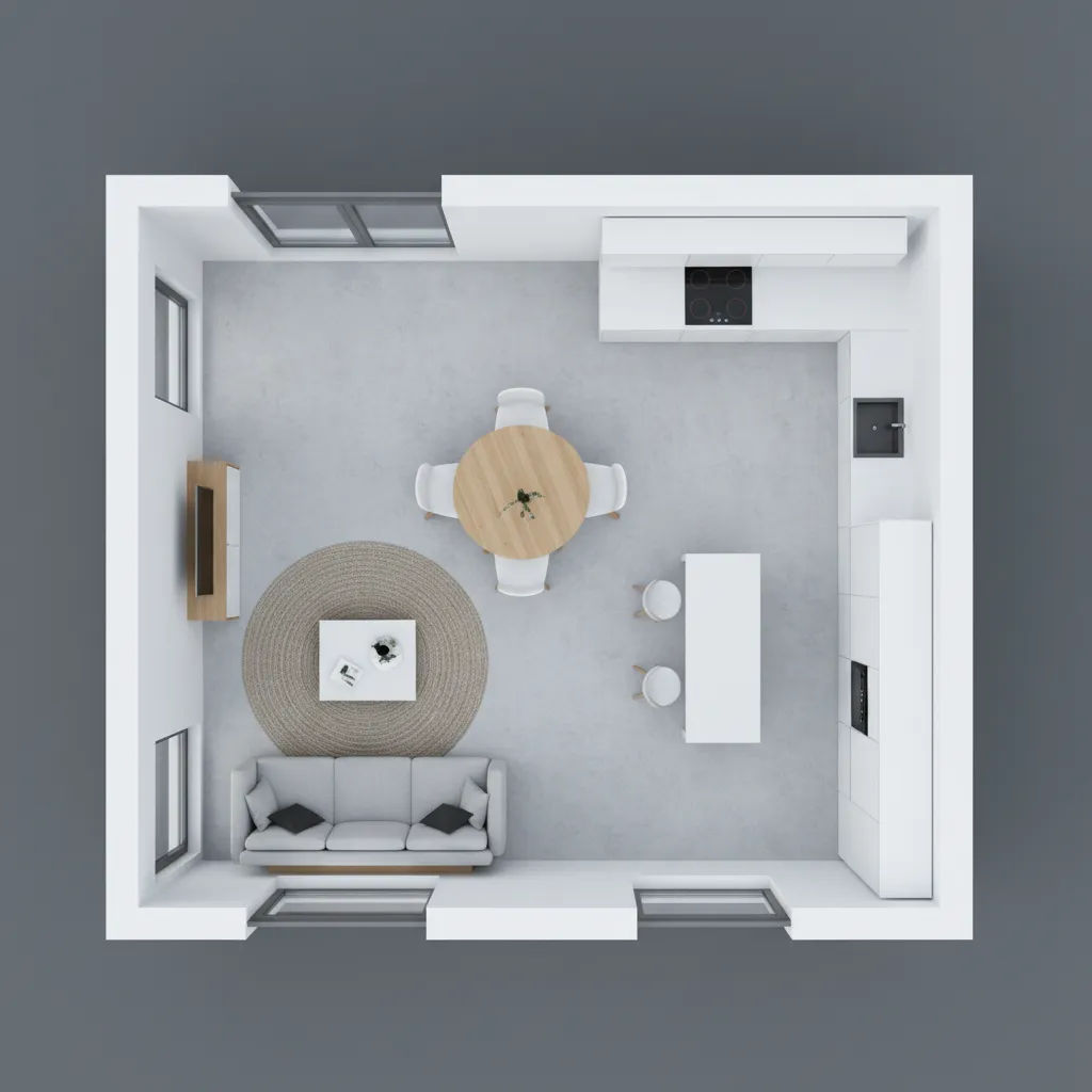 Top view of modern room layout with grey sofa wooden table and white kitchen cabinets