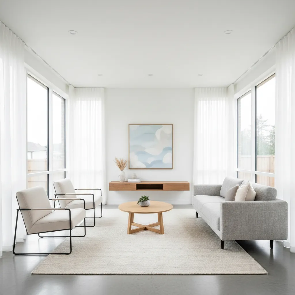 Bright living room with large windows white curtains grey sofa beige chairs and wood table