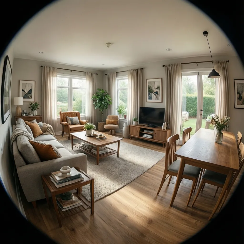 Wide angle modern living room with grey sofa wooden table indoor plants and natural light