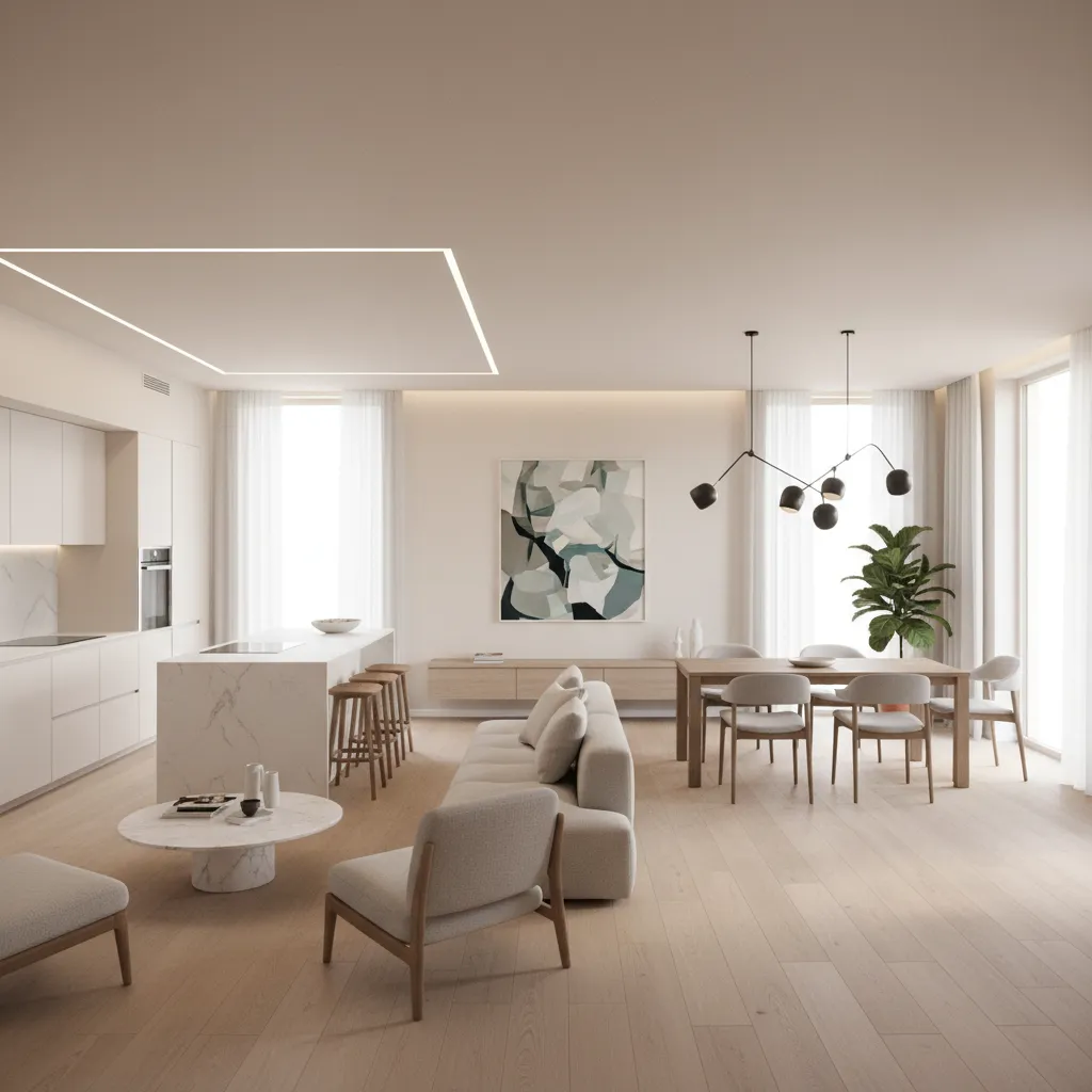 Modern open plan living room with white kitchen island wood floor and black ceiling light