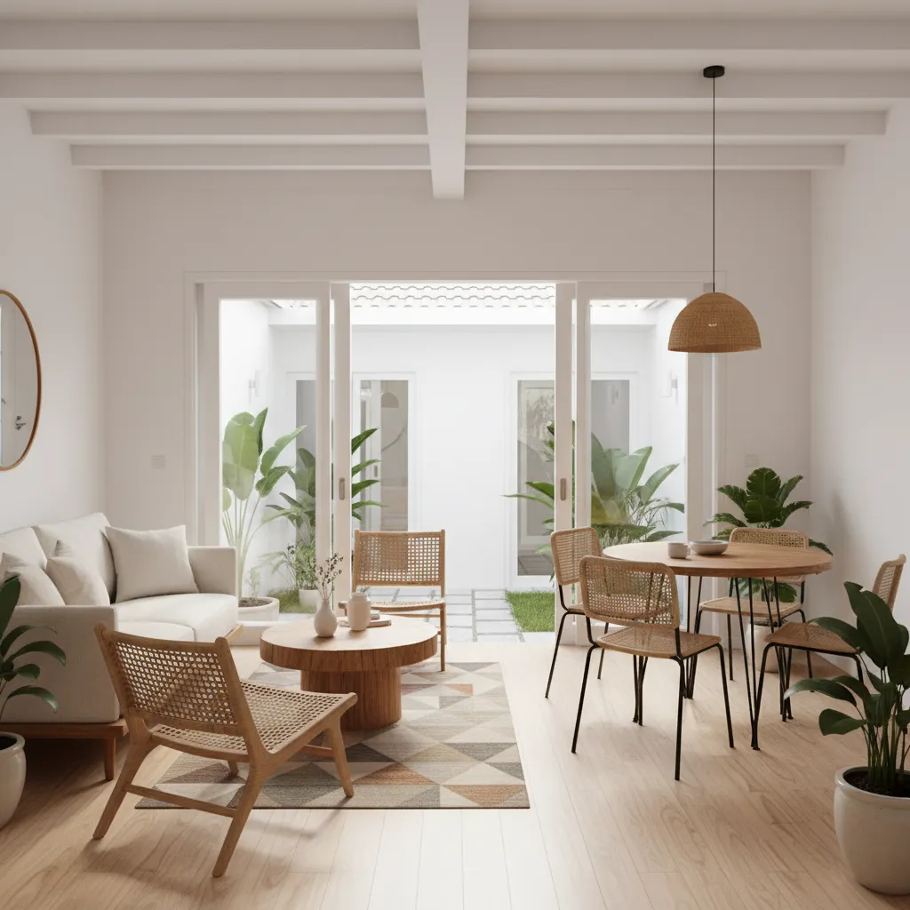 Living room and dining area with white sofa wooden coffee table and round ceiling light