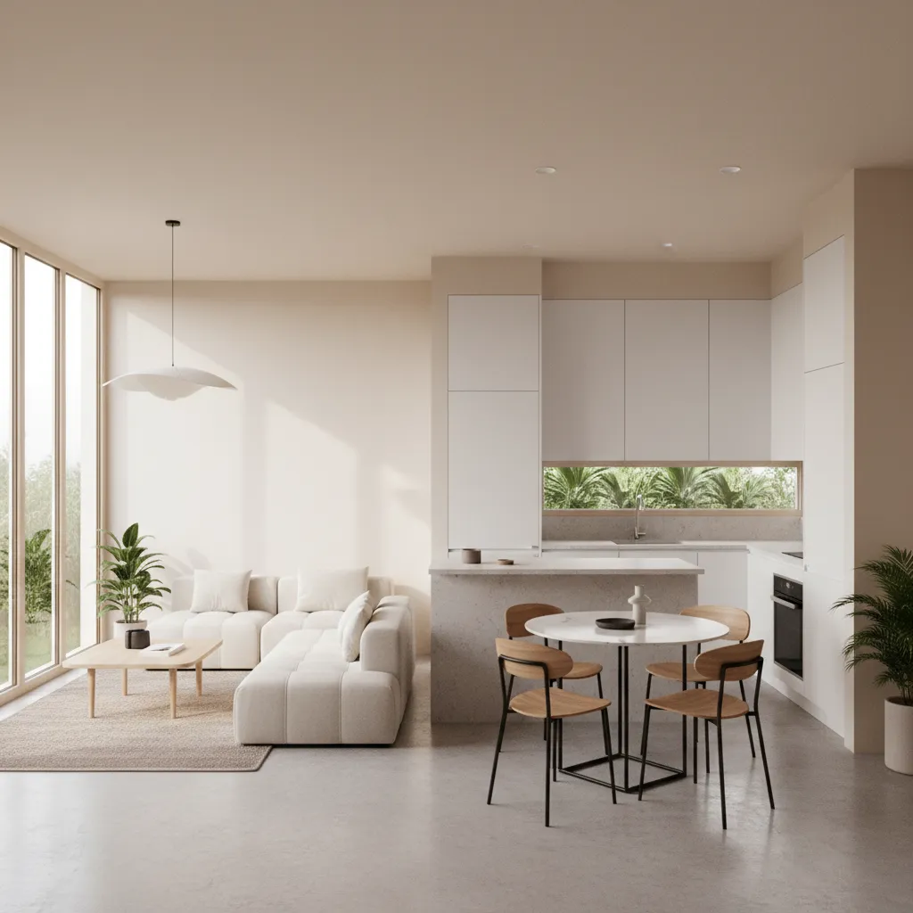 Modern open plan living room with cream sofa dining table wooden chairs and white kitchen