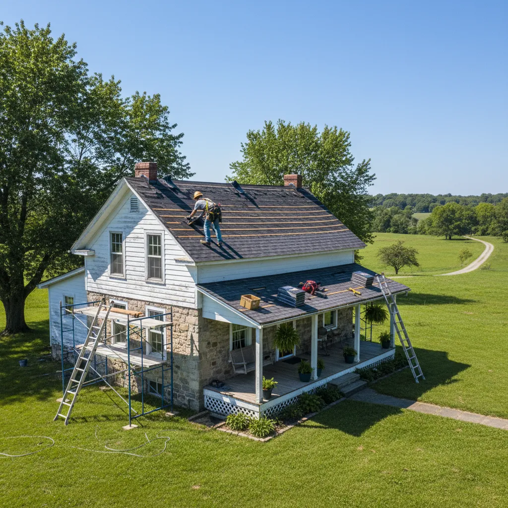 Rural house exterior undergoing repair supported by rural housing grant programs