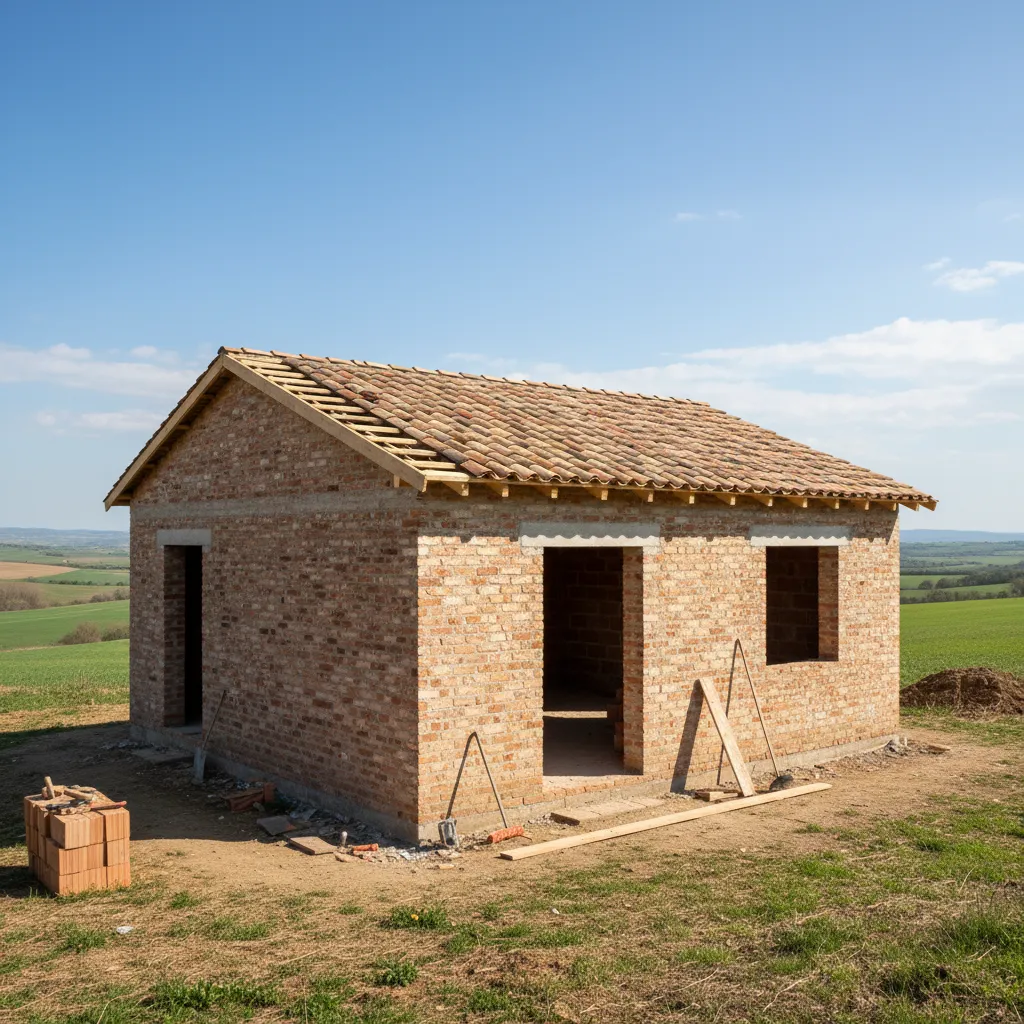 traditional rural house built with brick walls and clay tile roof