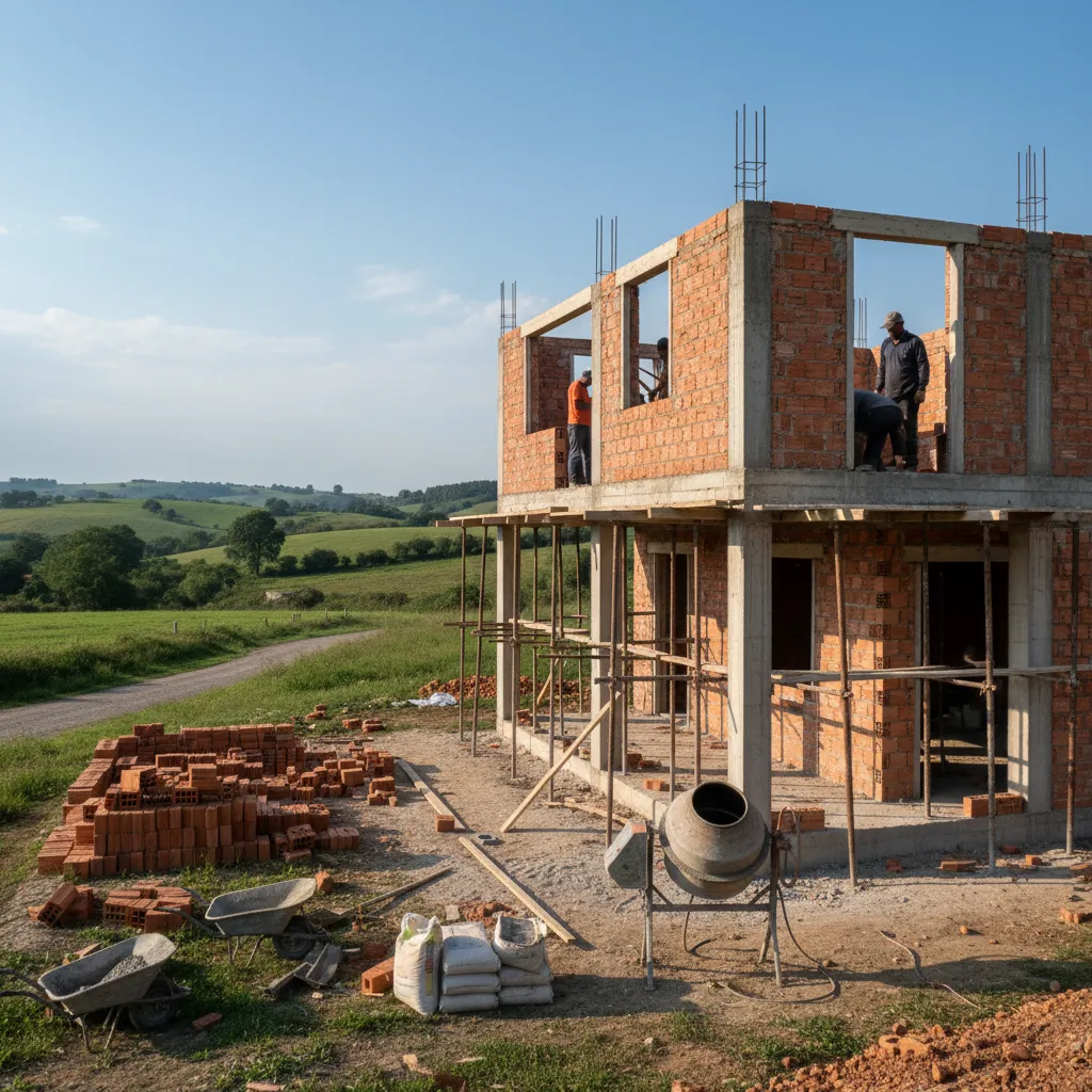 local builders constructing a simple rural village house structure
