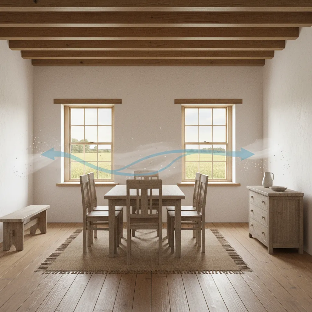 Village house interior showing cross ventilation airflow through opposite windows