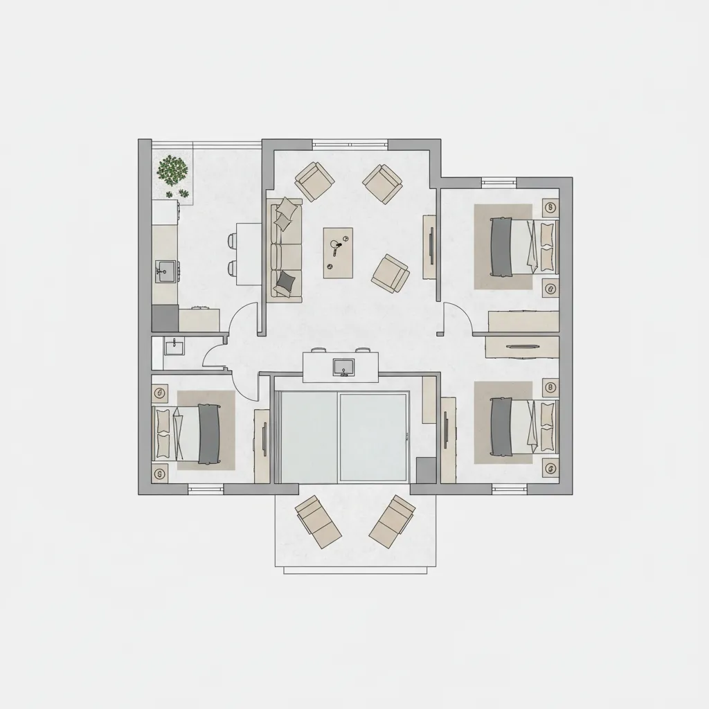 village house interior layout with central living room and surrounding bedrooms