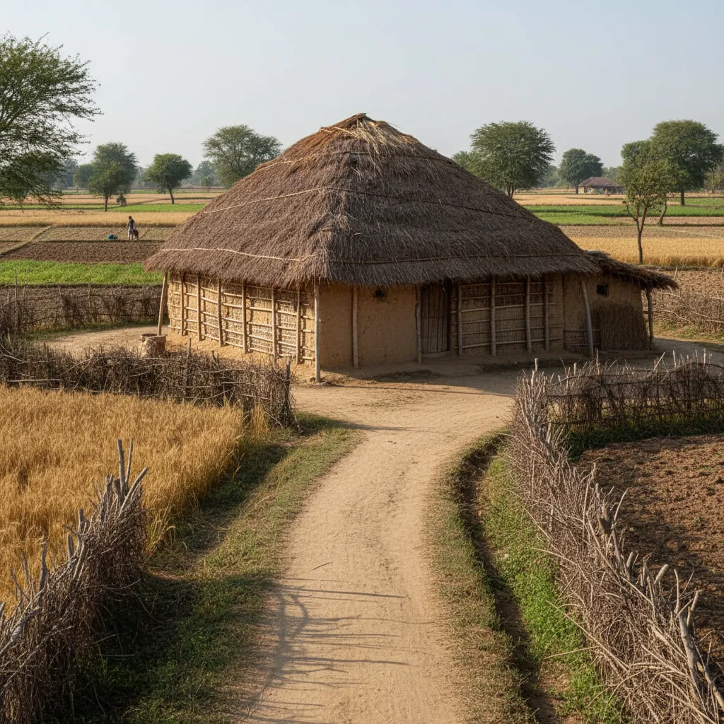 Traditional kacha house built with mud walls and thatched roof in a rural village