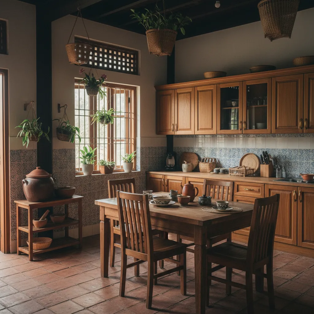 Rustic kitchen with wooden dining table chairs cabinets tile floor hanging plants and large windows