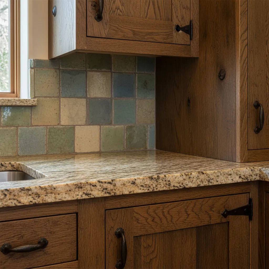 Rustic kitchen corner featuring dark wood cabinets granite countertop and blue green square wall tiles