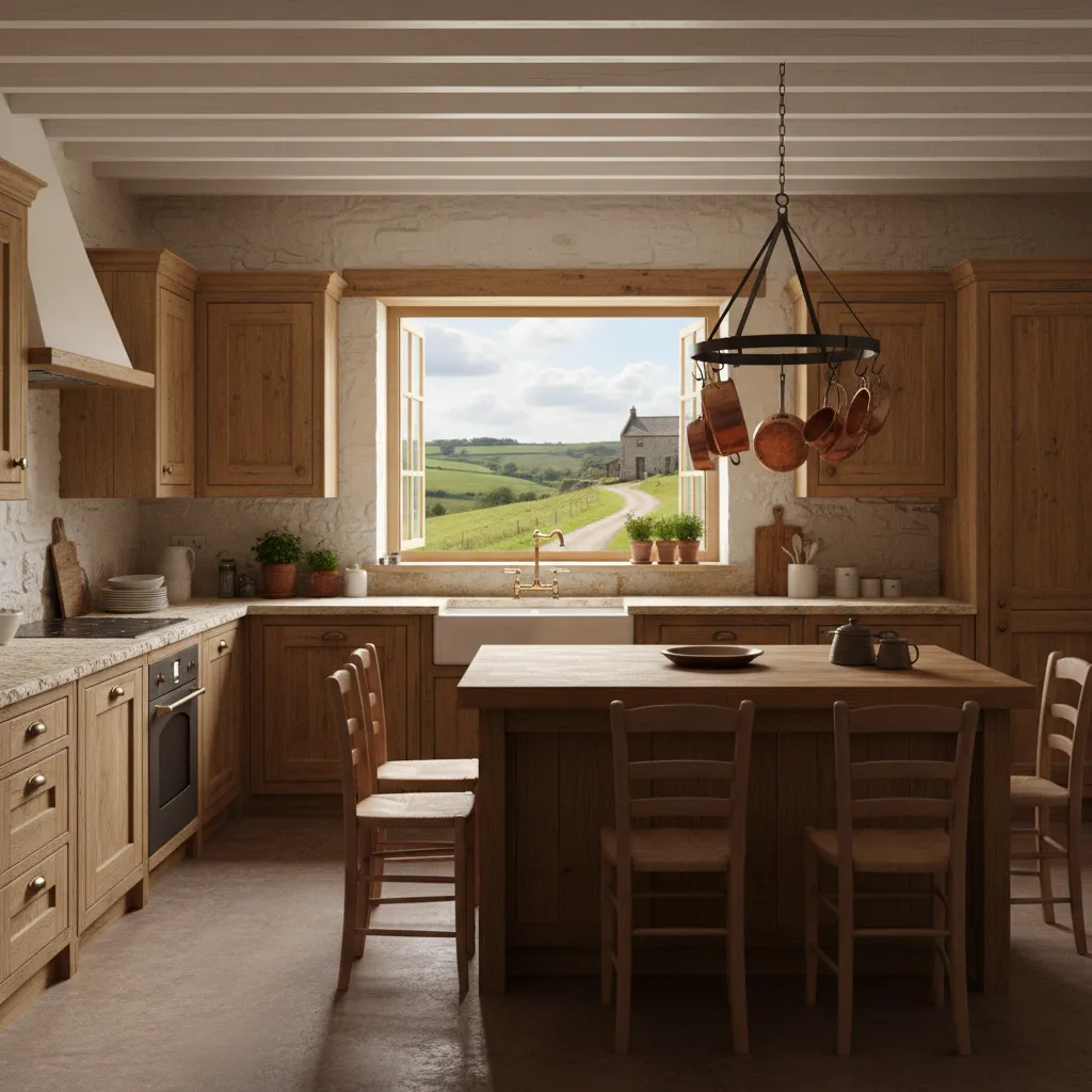 Country kitchen featuring wooden island chairs cabinets sink window with green hills view and pots