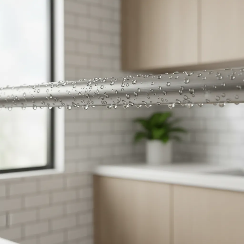 Closeup of rust resistant stainless steel laundry rod in humid laundry room