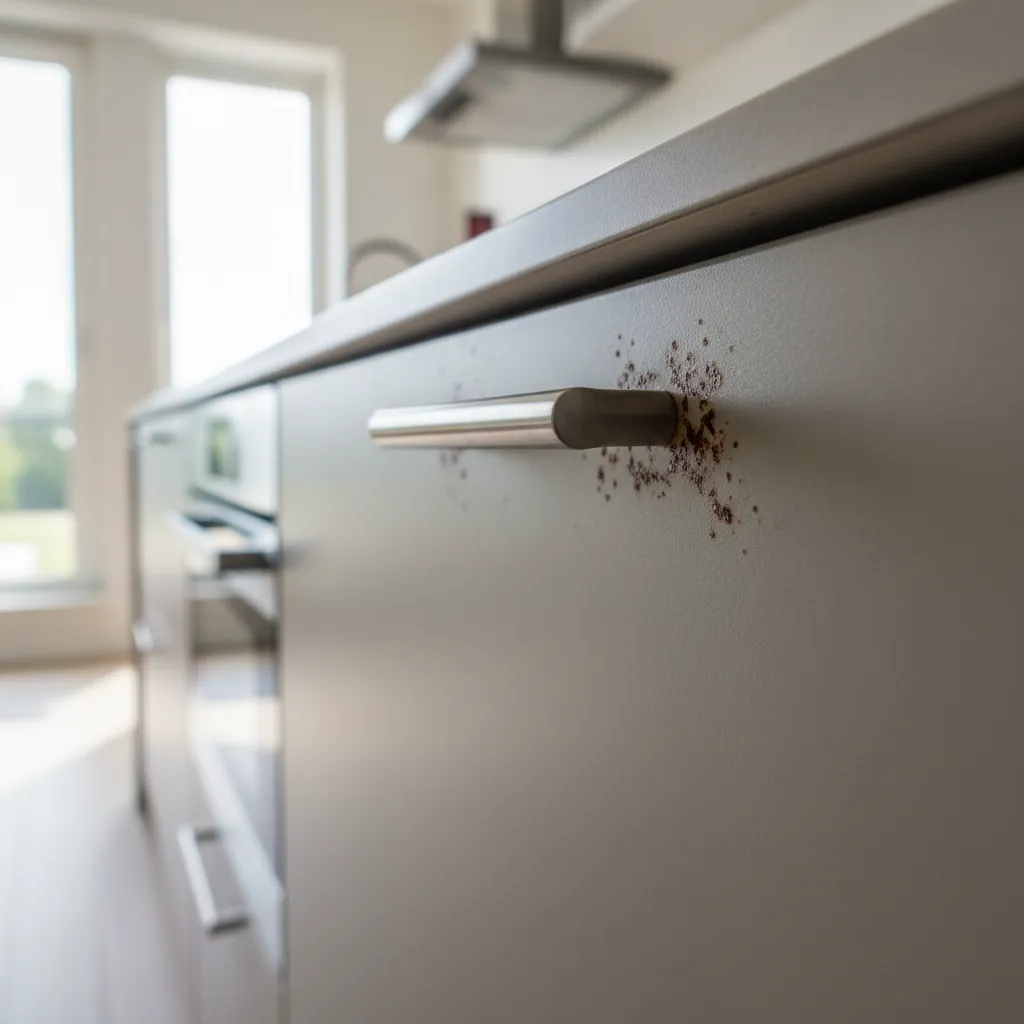Brown rust spots visible on grey metal kitchen cabinet door near a silver colored handle