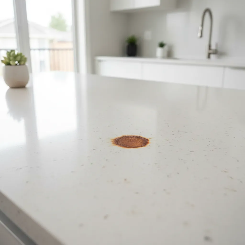 rust ring stain left by metal container on white kitchen countertop
