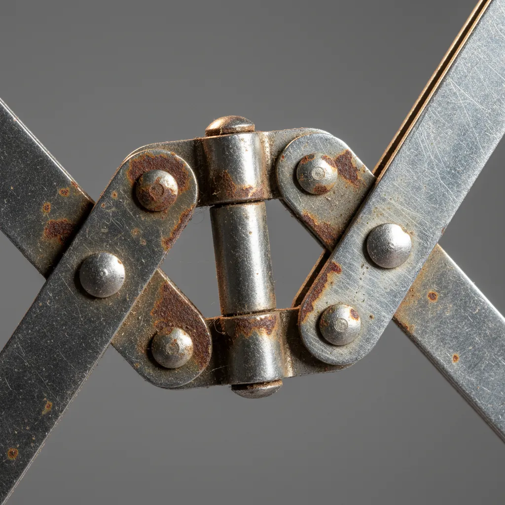 Close up of rust forming on metal accordion drying rack hinge