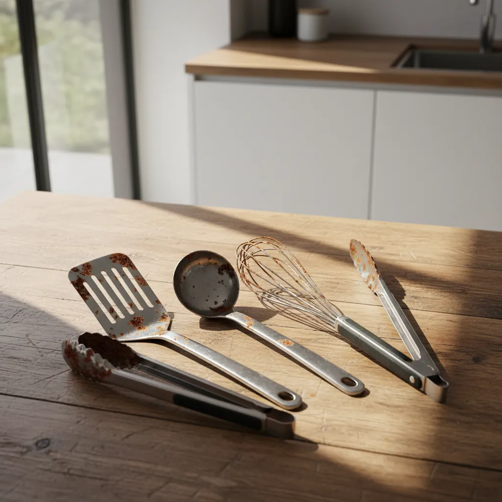 Rust spots on metal kitchen utensils on a wooden kitchen counter