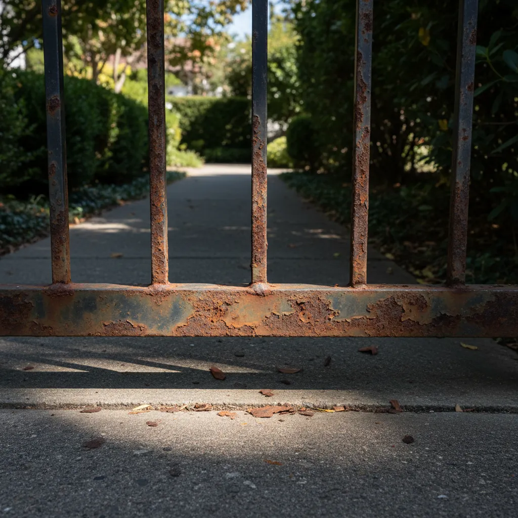 Rust damage on bottom rail of outdoor metal gate