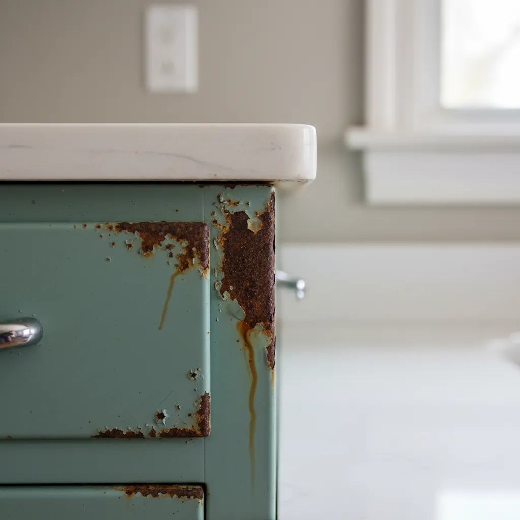 close up of rust forming on painted metal kitchen cabinet corner