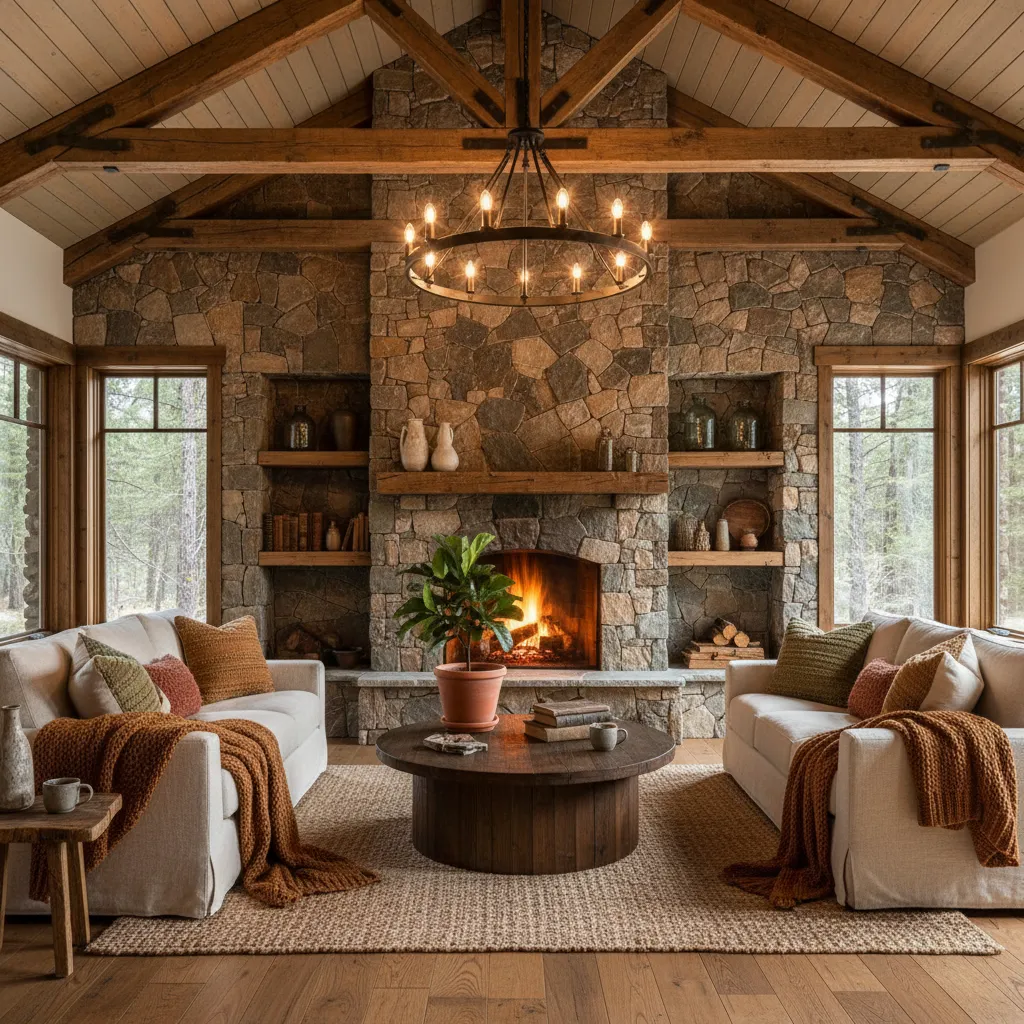 Pared de acento rústica con piedra natural en salón