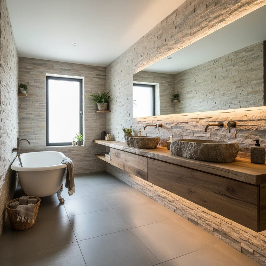 Modern rustic bathroom with stone walls, long wooden cabinet, two stone sinks, and white bathtub